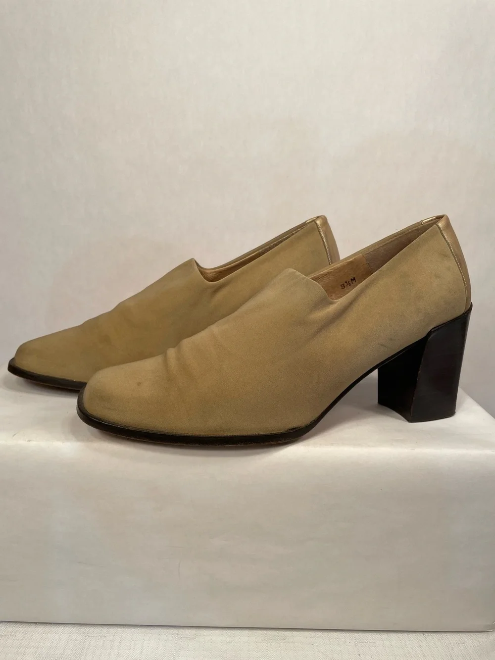 Donald J. Pliner Beige Canvas Block Heel Loafers with Gold Accent